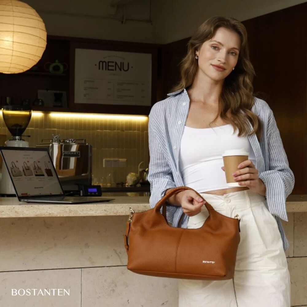 BOSTANTEN Nevin Cognac Pebbled Leather Satchel Crossbody Bag NWOT - Picture 2 of 12